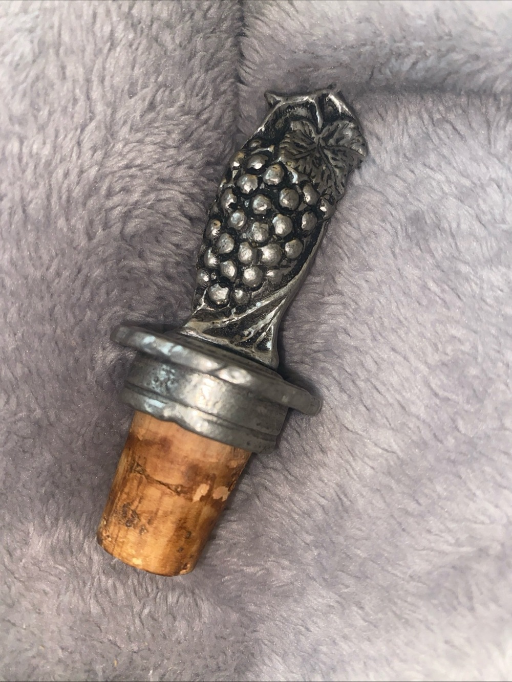 Vintage Grapevine Wine Bottle Stopper Silver Tone Metal Cork Unmarked